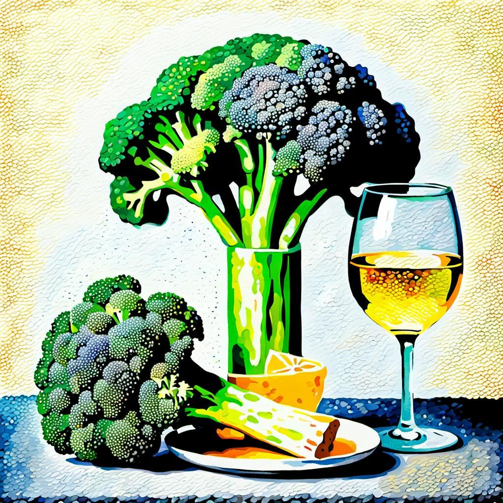 Vibrant Pointillist Broccoli Still Life with White Wine