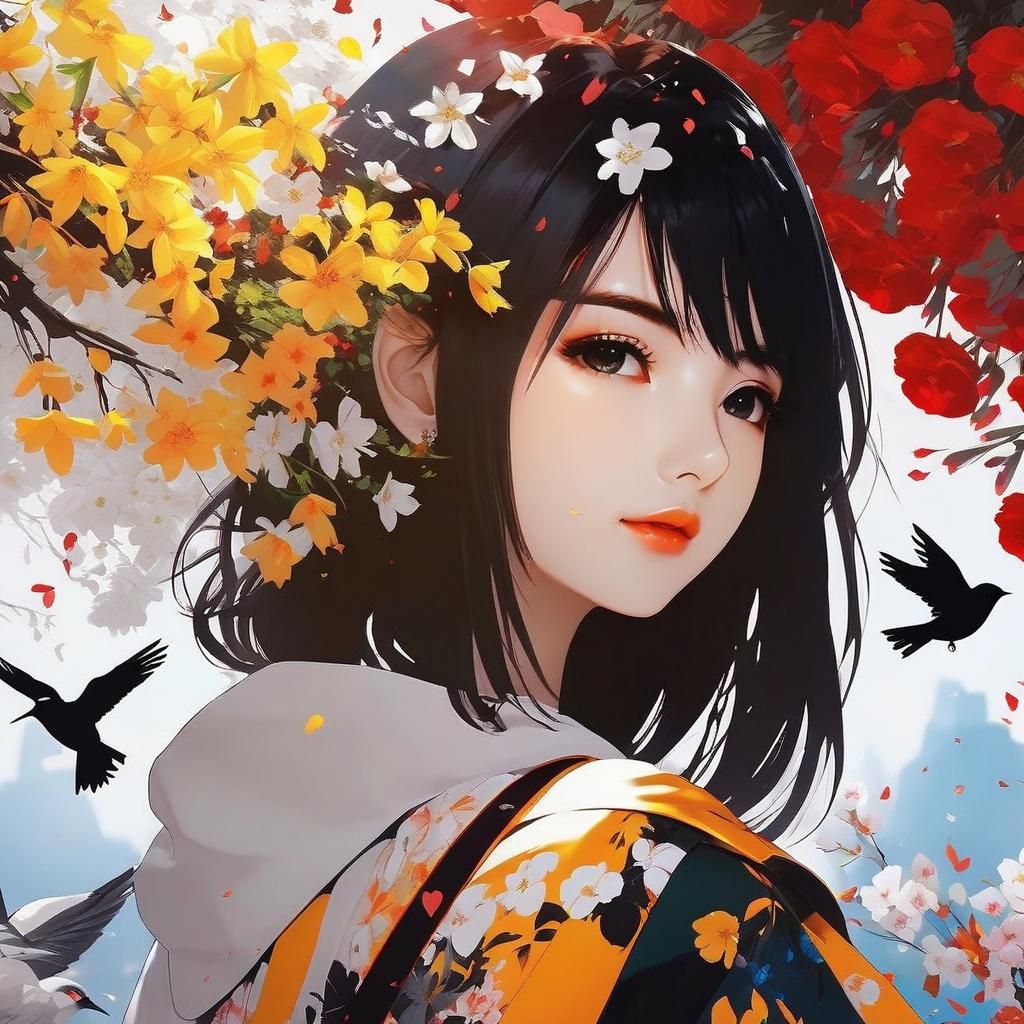 Anime Girl Silhouette with Floral Birds