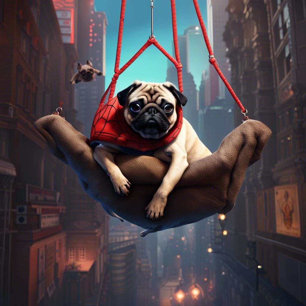 Pug as Spiderman Hanging Upside Down in a Fantastical Kiss