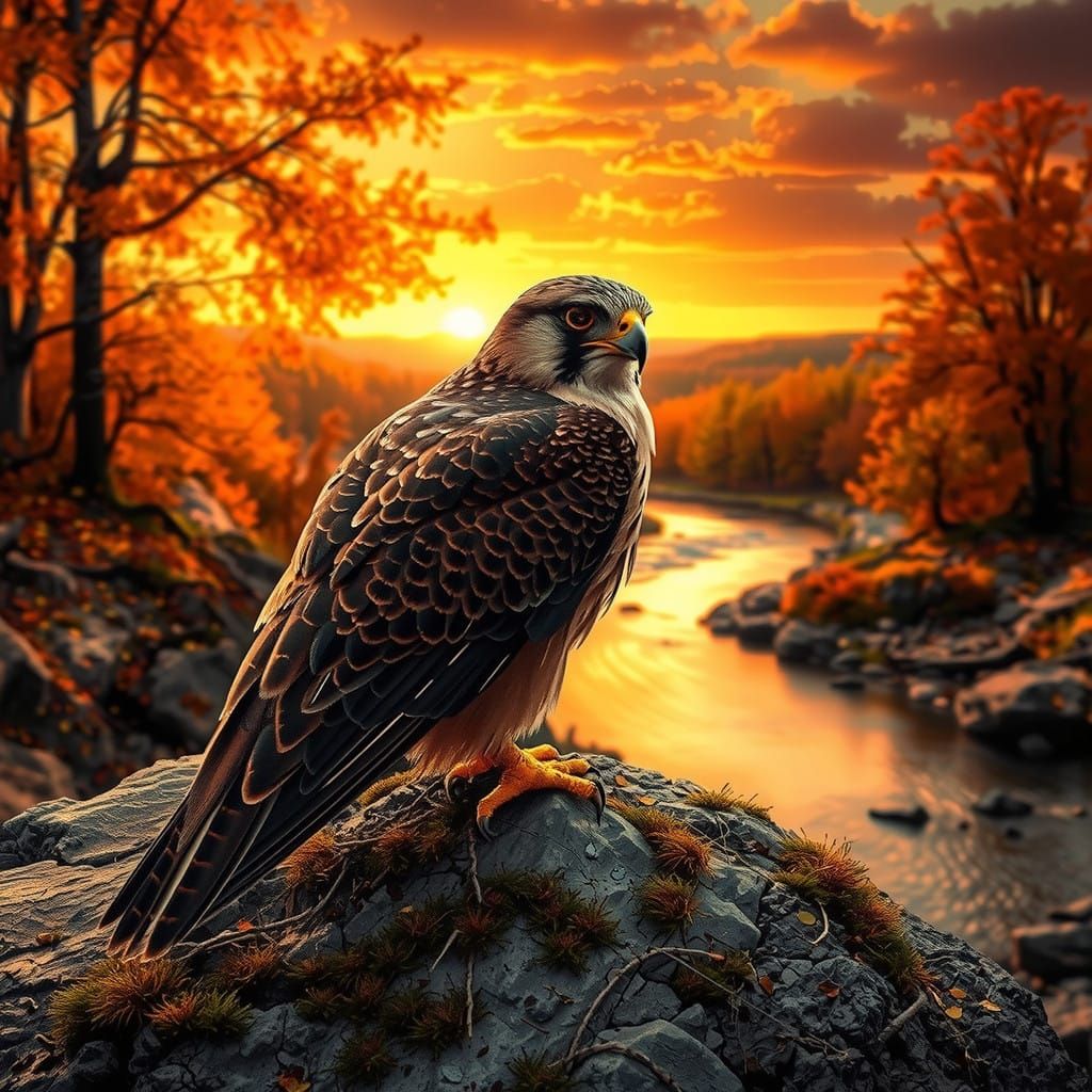 Surreal Autumn Falcon Perched on Weathered Rock