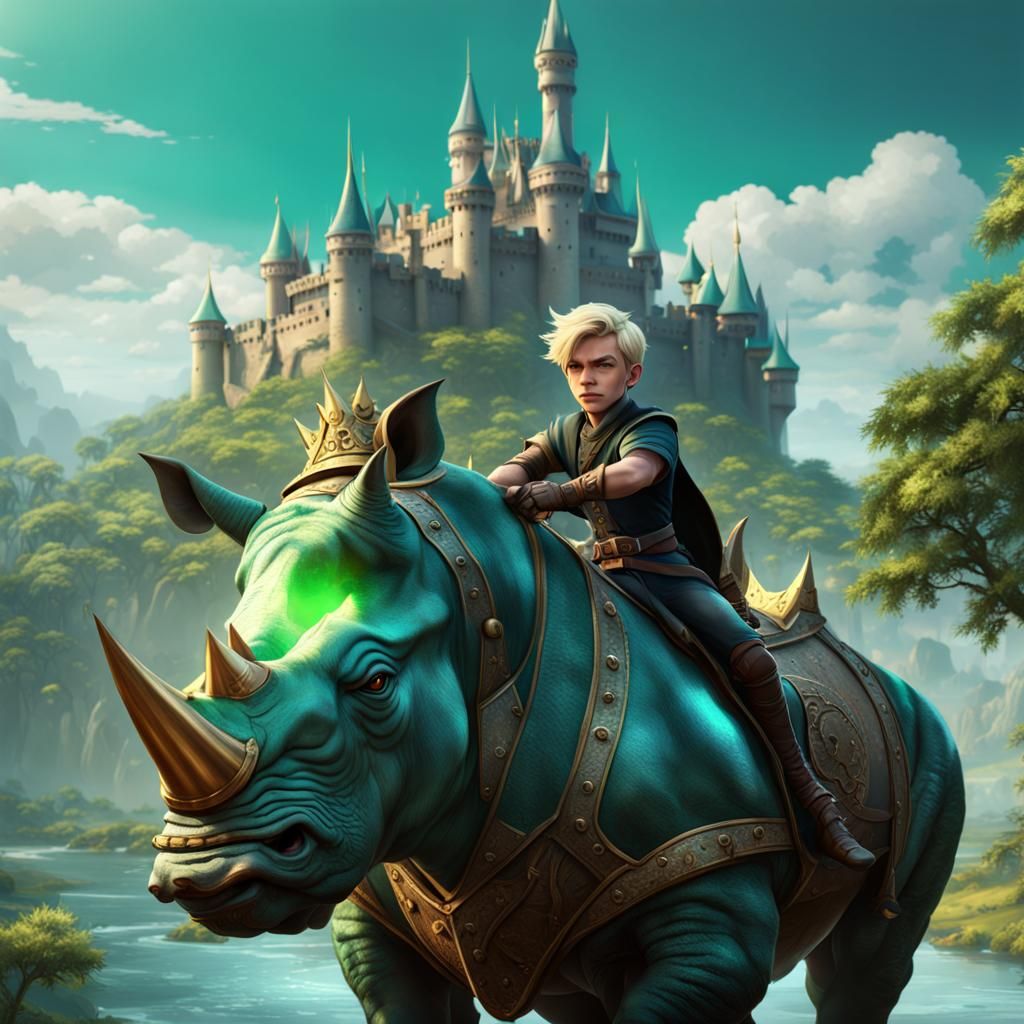 Cute Blonde Prince Rides Emerald Rhino Near Castle