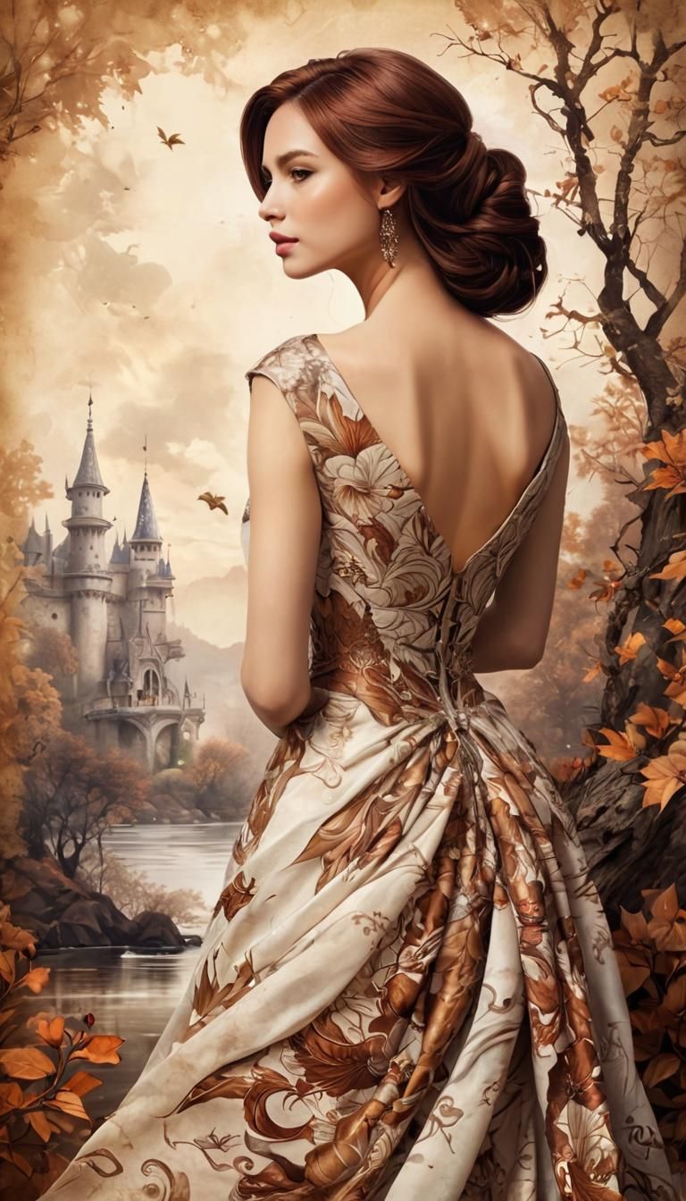 Ethereal Princess in a Majestic Dress, Basking in a Whimsica...