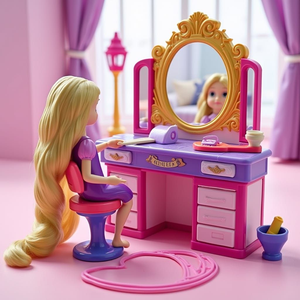 A toy advertisement reading, "Rapunzel's Hair Salon." It depicts a pink and purple and gold toy beauty salon.