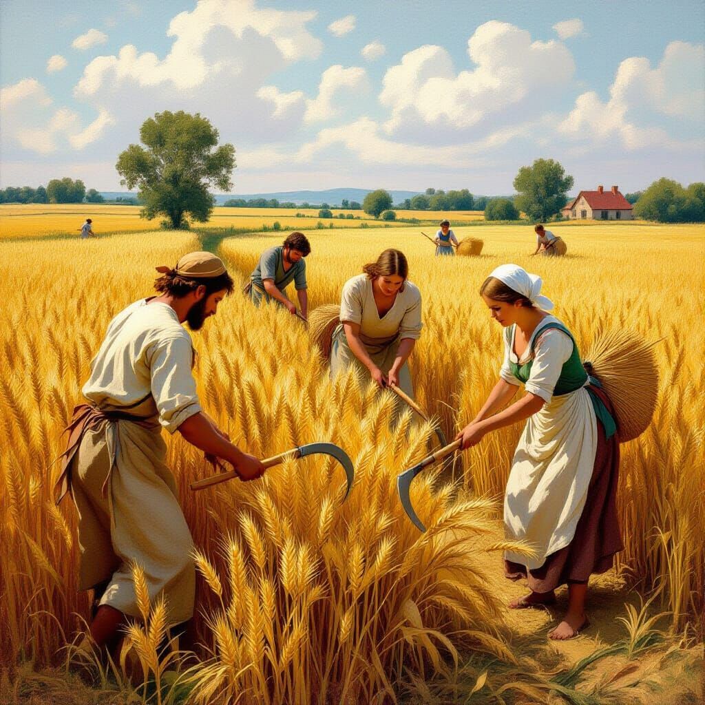 Medieval Wheat Harvest in a Realist Style