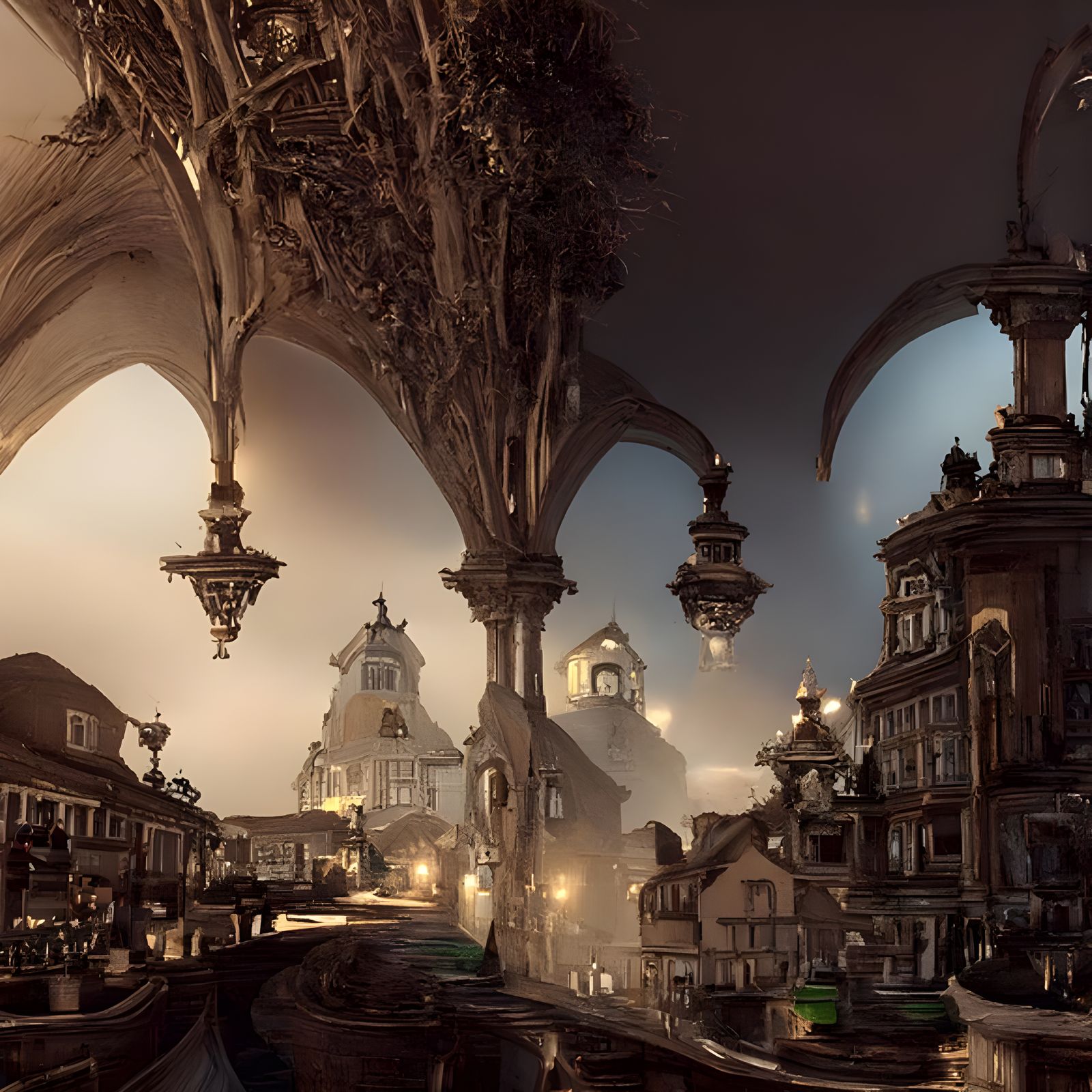 Twilight Townscape in Art Nouveau Style