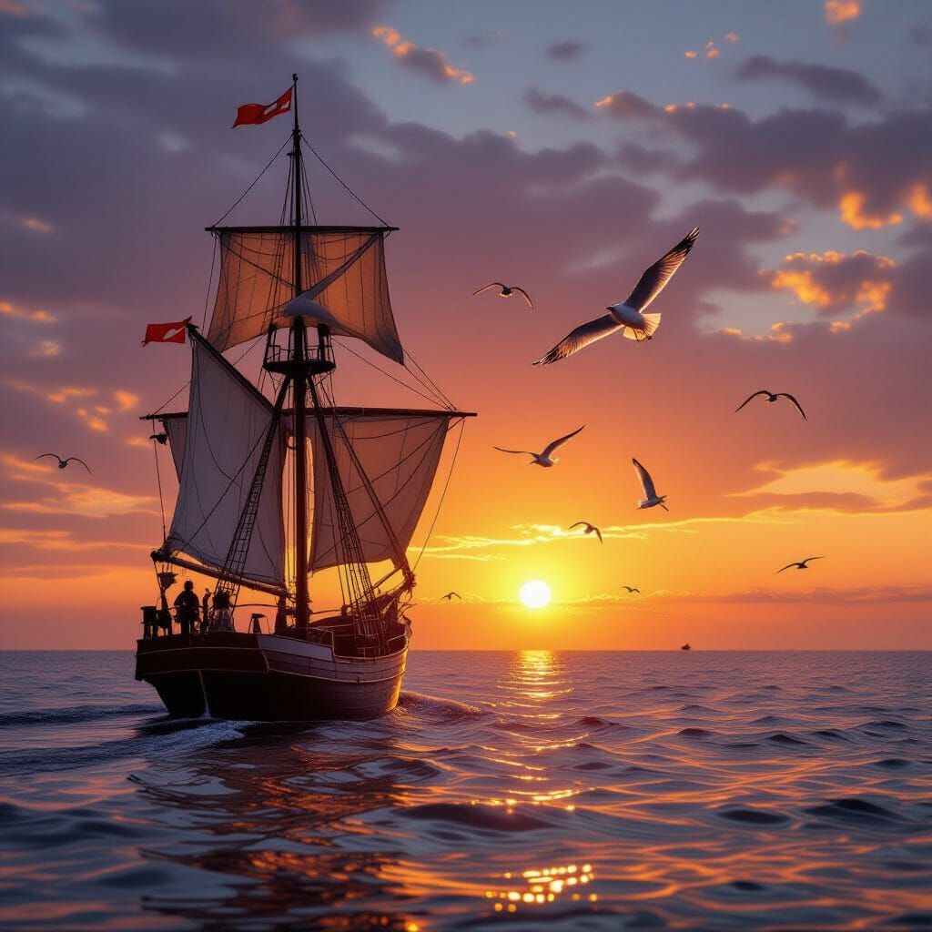 Majestic Sailing Ship at Sunset with Seagulls