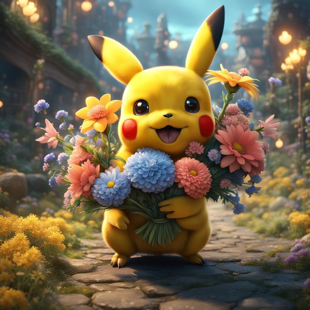 Fantastical Pikachu in a Bouquet
