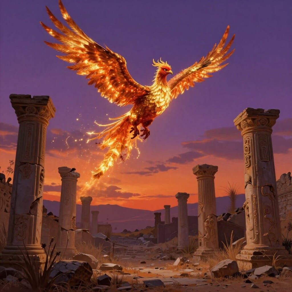 Molten Gold Phoenix Soars Over Ancient Ruins