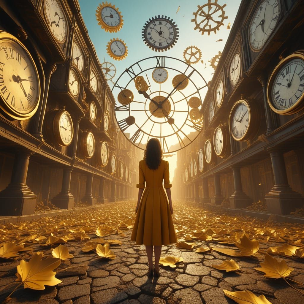 Surreal Cityscape with Melting Clocks in Warm Light