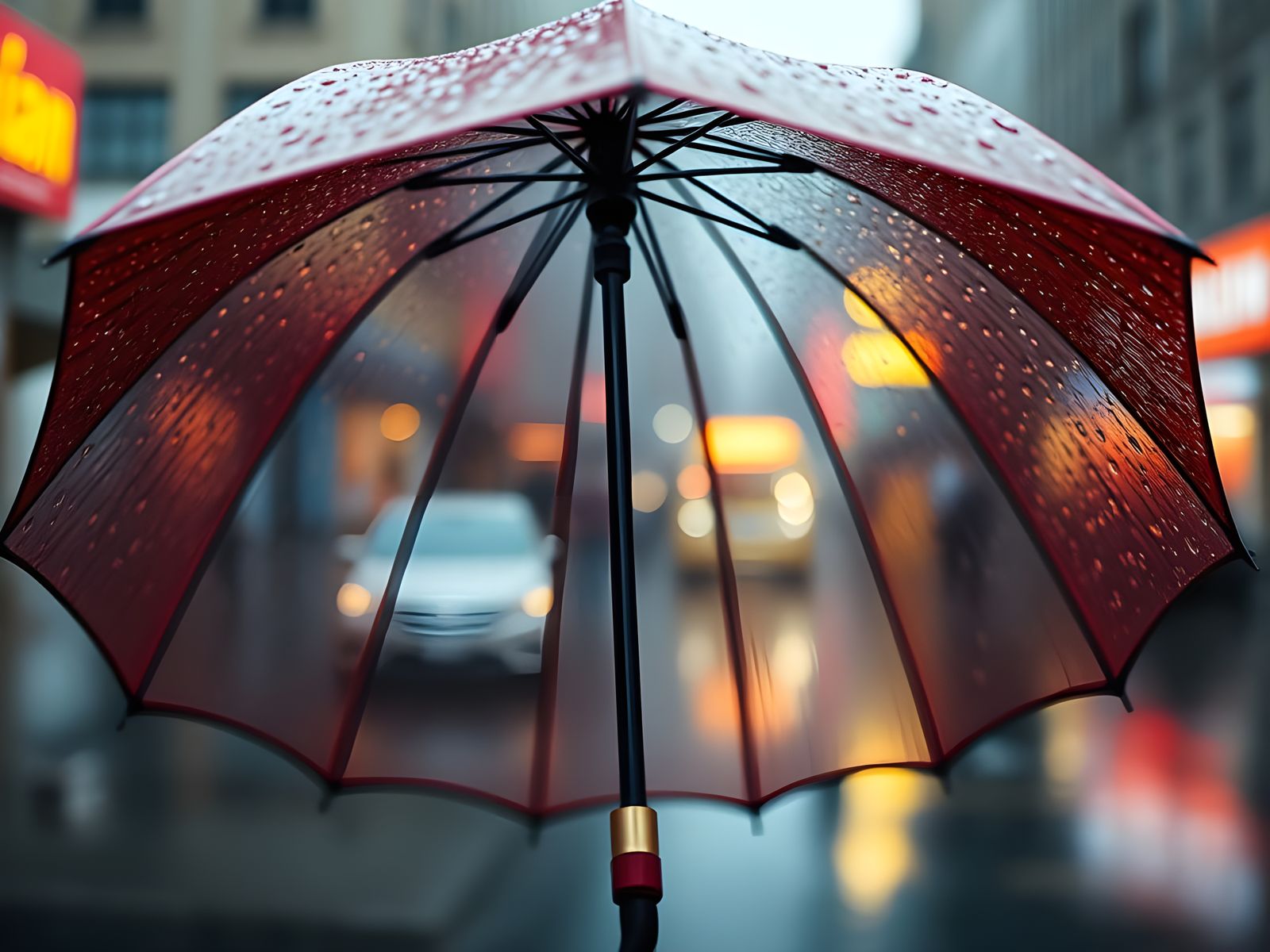Rainy Street Scene from a Dome-Shaped Umbrella in Impression...
