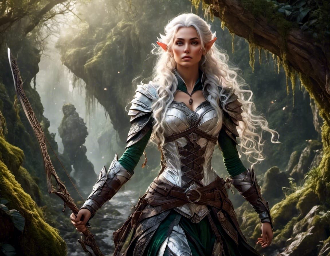 Epic Female Elf Ranger in White Hair Hunting Attire