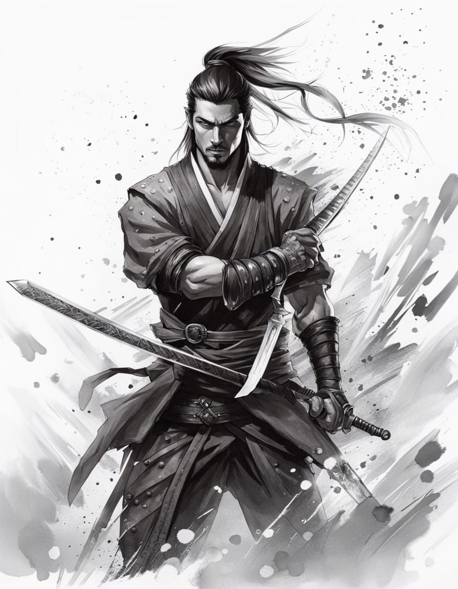 Mysterious Japanese Assassin in Ink Drawing Style