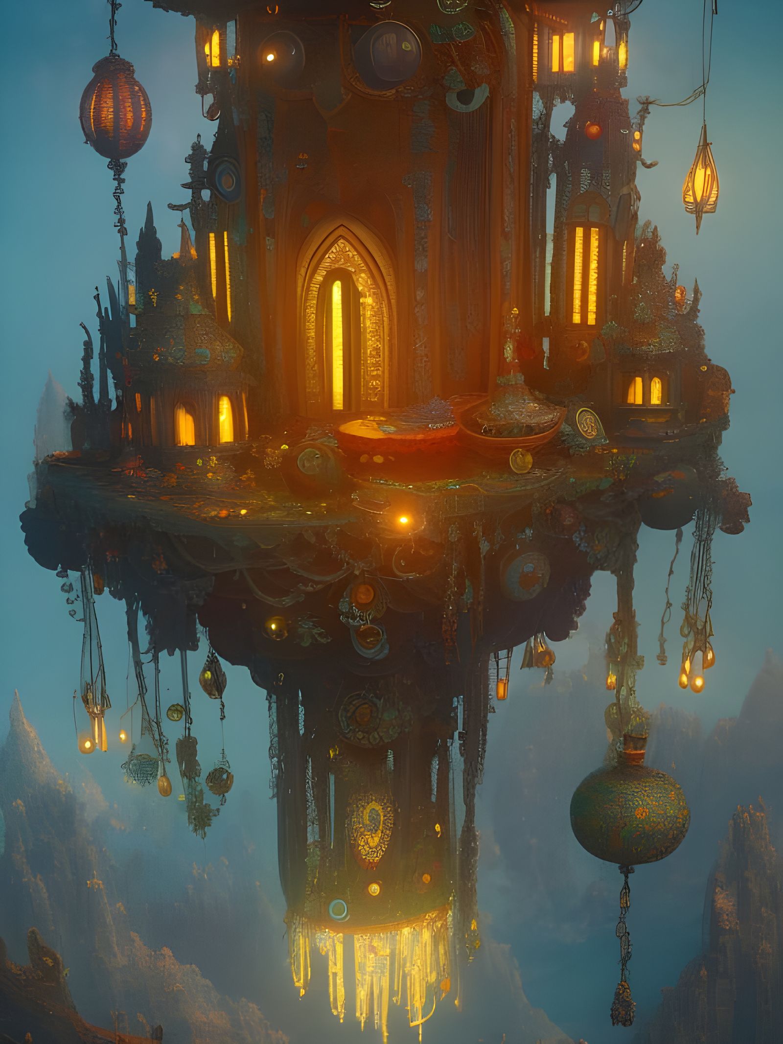 Whimsical Flying Temple in Cosmic Colors