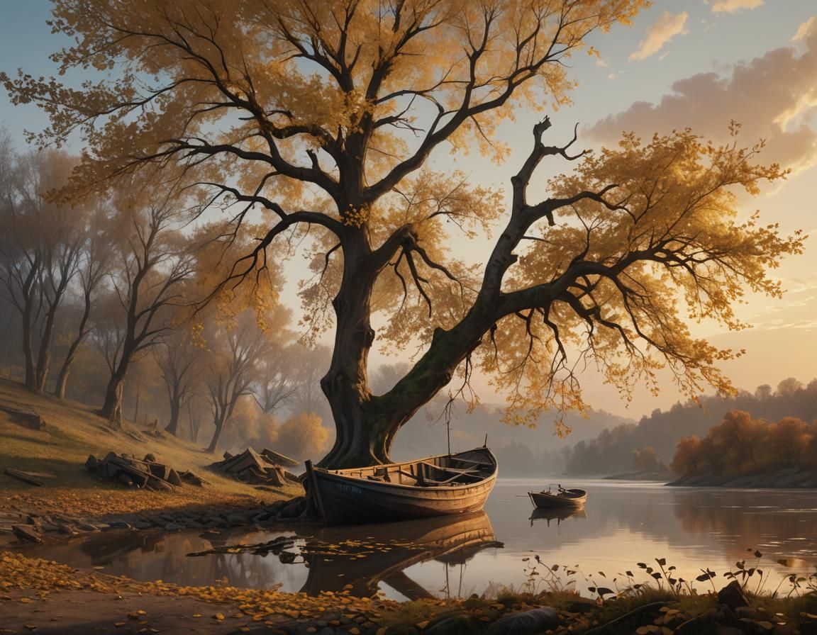 Sunset River Landscape with Abandoned Boat