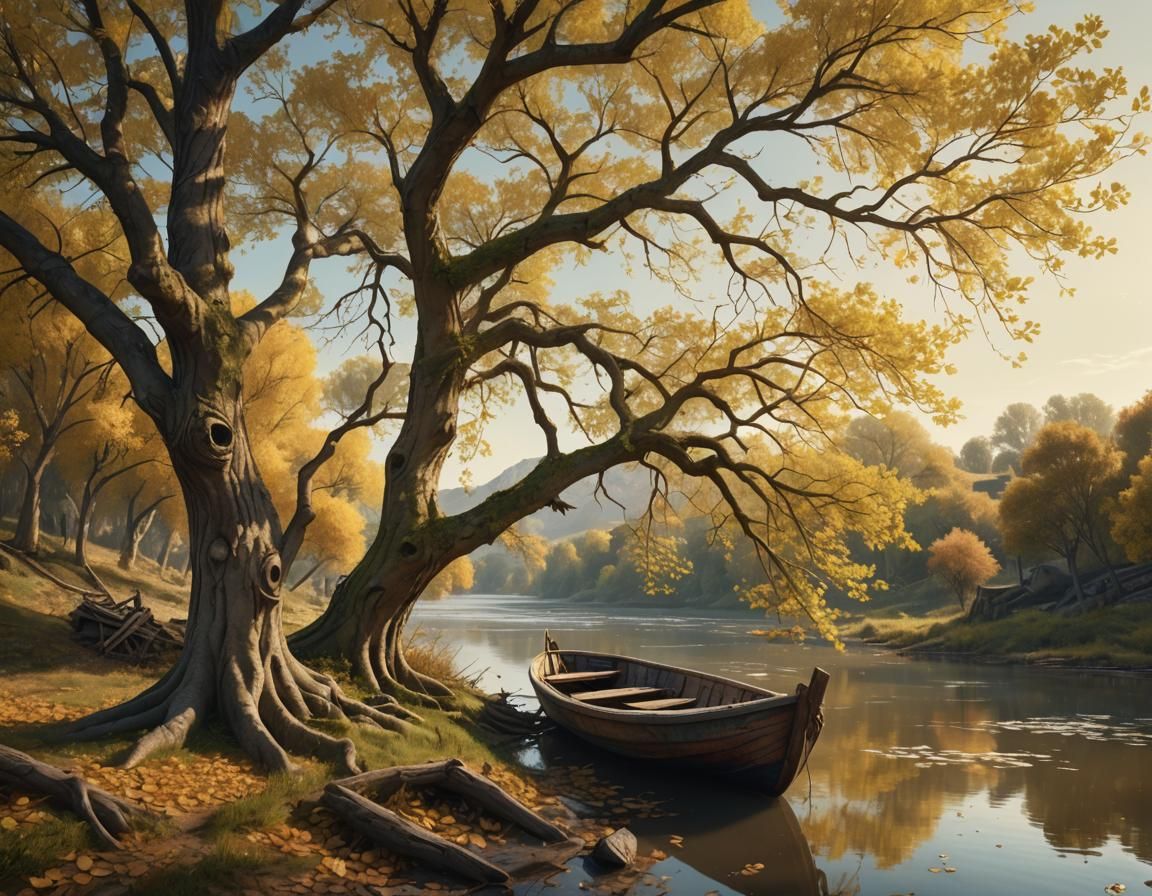 Fantasy Landscape with River and Abandoned Boat