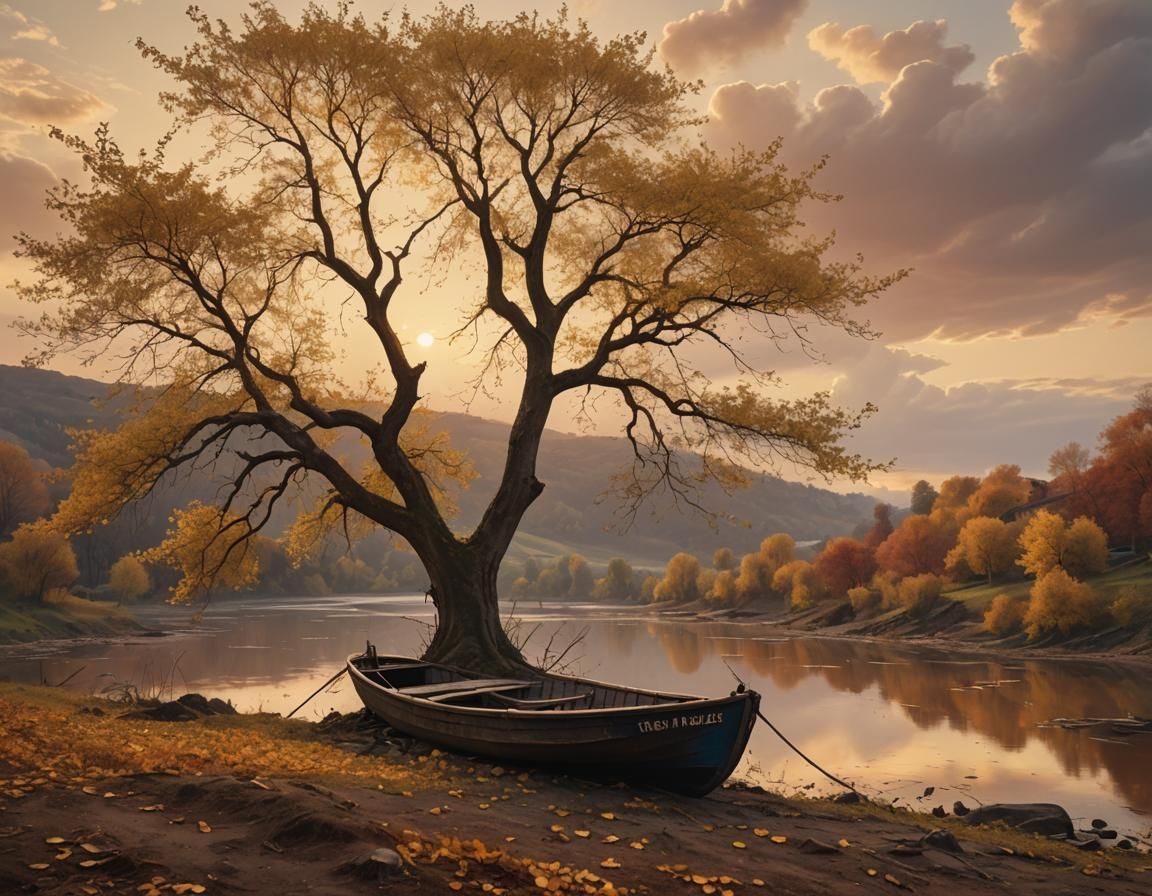 Hillside Tree and Boat at Sunset, Fantasy Art