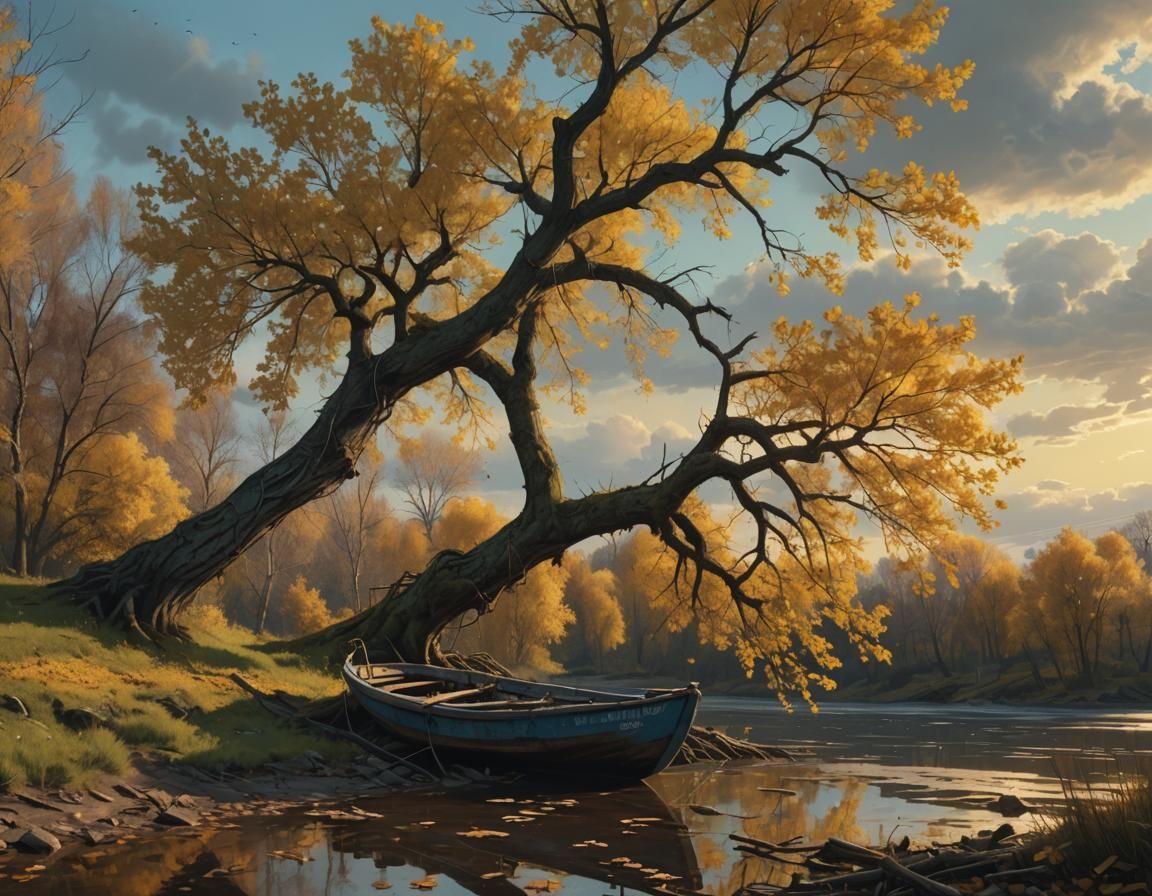 River Landscape with Leaning Tree at Sunset