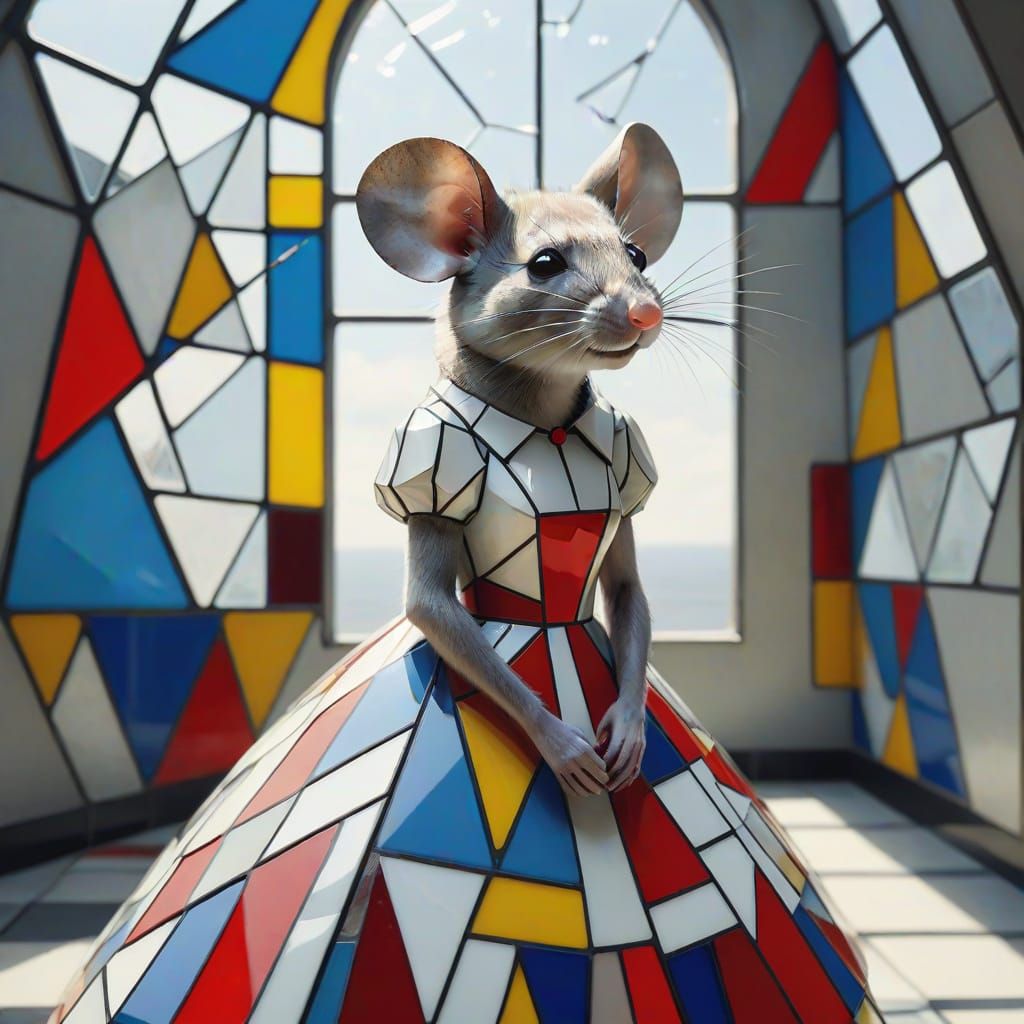 Lonely Mouse in Glass Dress Inspired by Mondrian and Chagall
