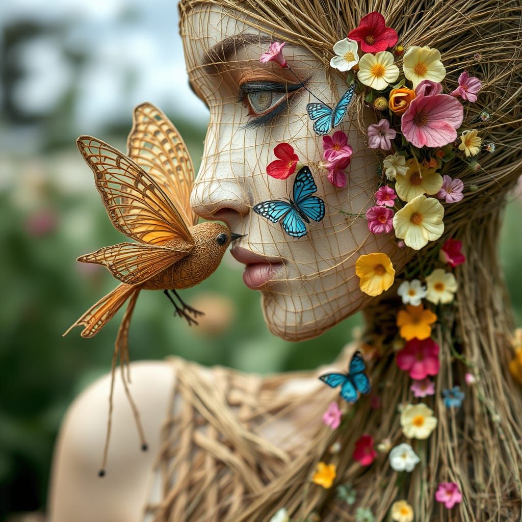 String Woman Kissing Butterfly Bird in Garden