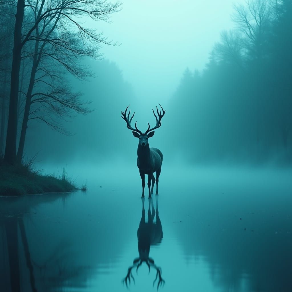 Turquoise Deer in Monochrome Lake: Digital Painting