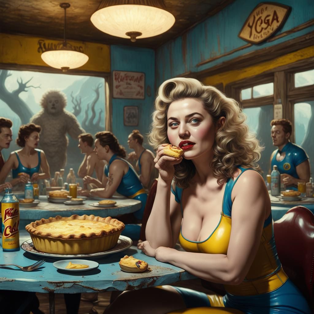 Curvy Adventurer Savoring Pie in a Haunted 1940s Diner