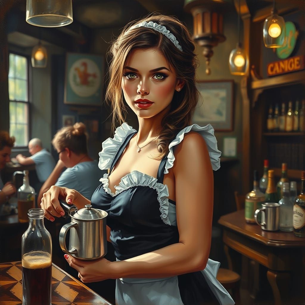 Maid Bikini Woman Serving Coffee in Pub Oil Painting