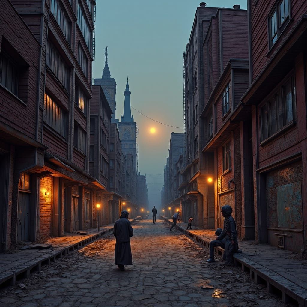 Dystopian Cityscape at Dusk in Cyberpunk Style