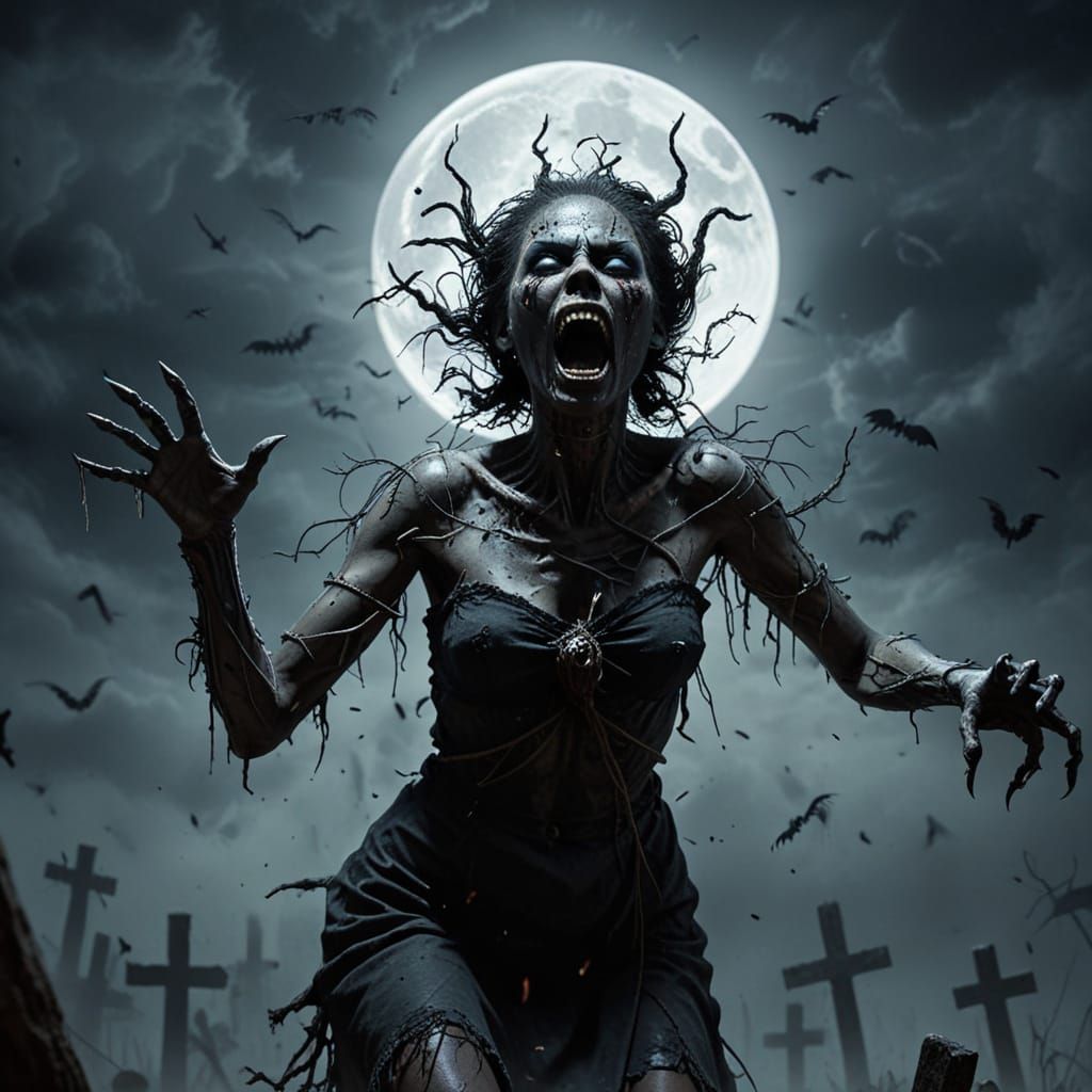 Surreal Voodoo Horror Scene with Zombie Under Full Moon