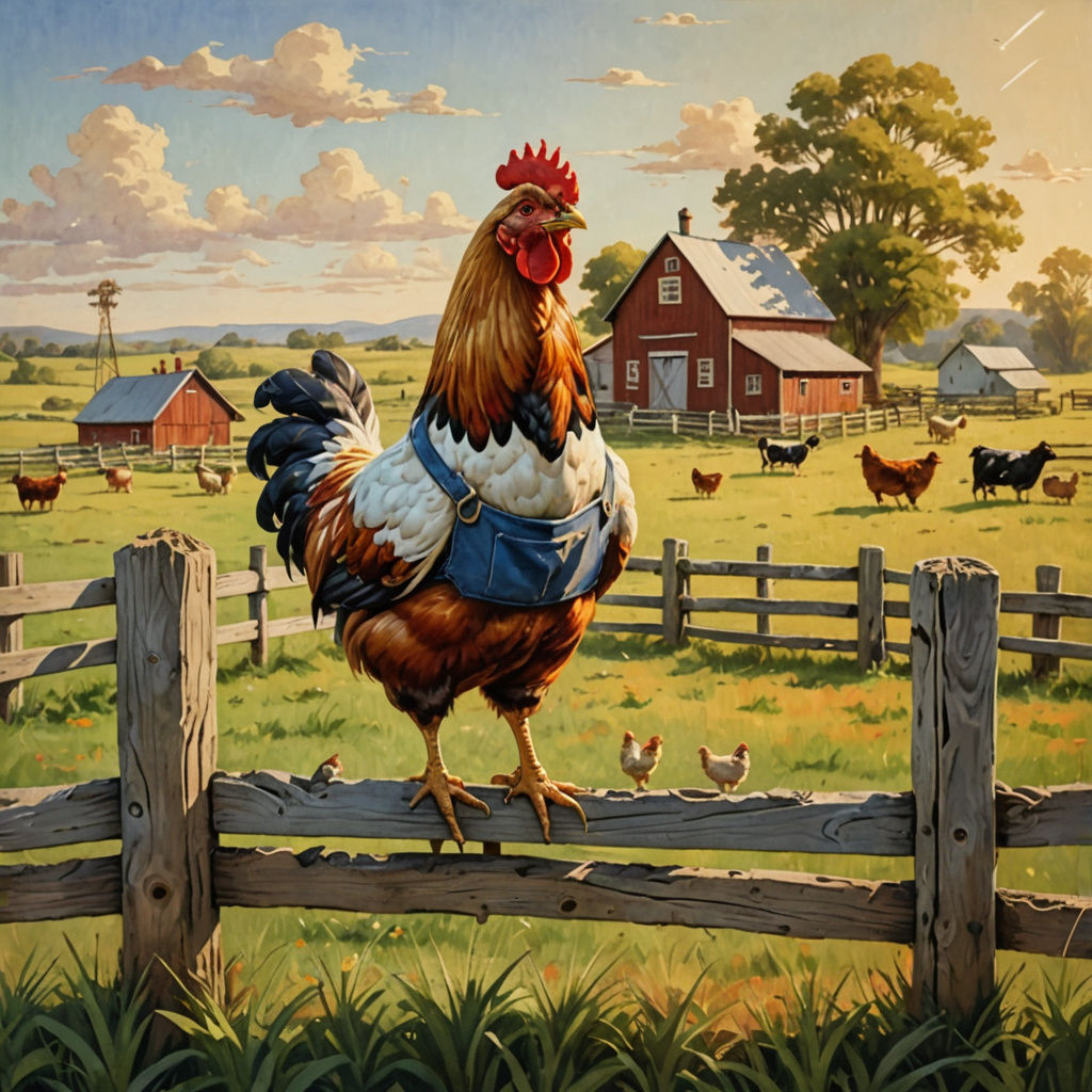 Chicken Farmer Sits on Fence Watching Cows Graze