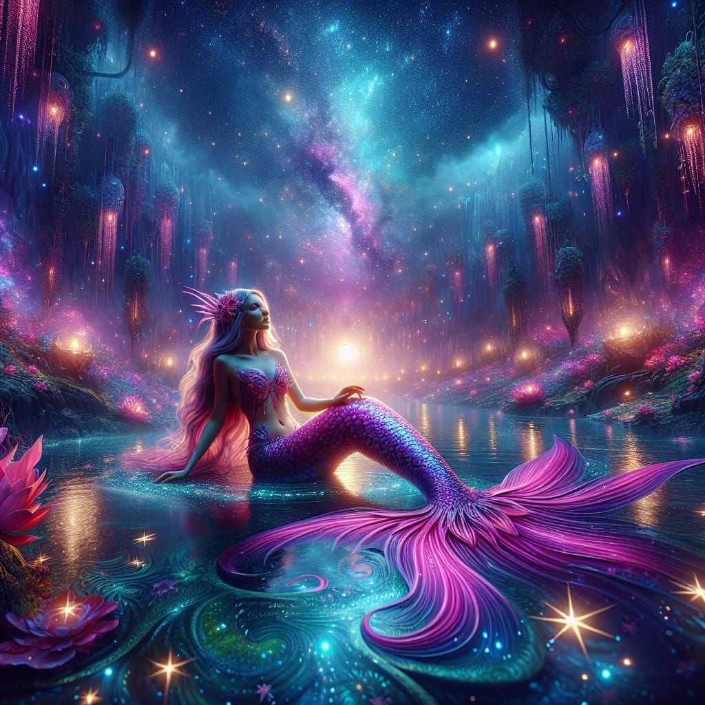 Fantastical Mermaid in a Dazzling Nighttime Pond