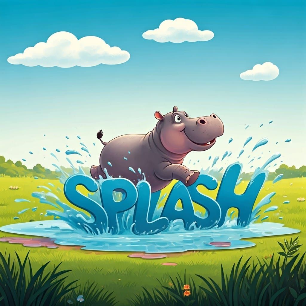 Vibrant Hippo Joyfully Runs Through a Splashy Puddle