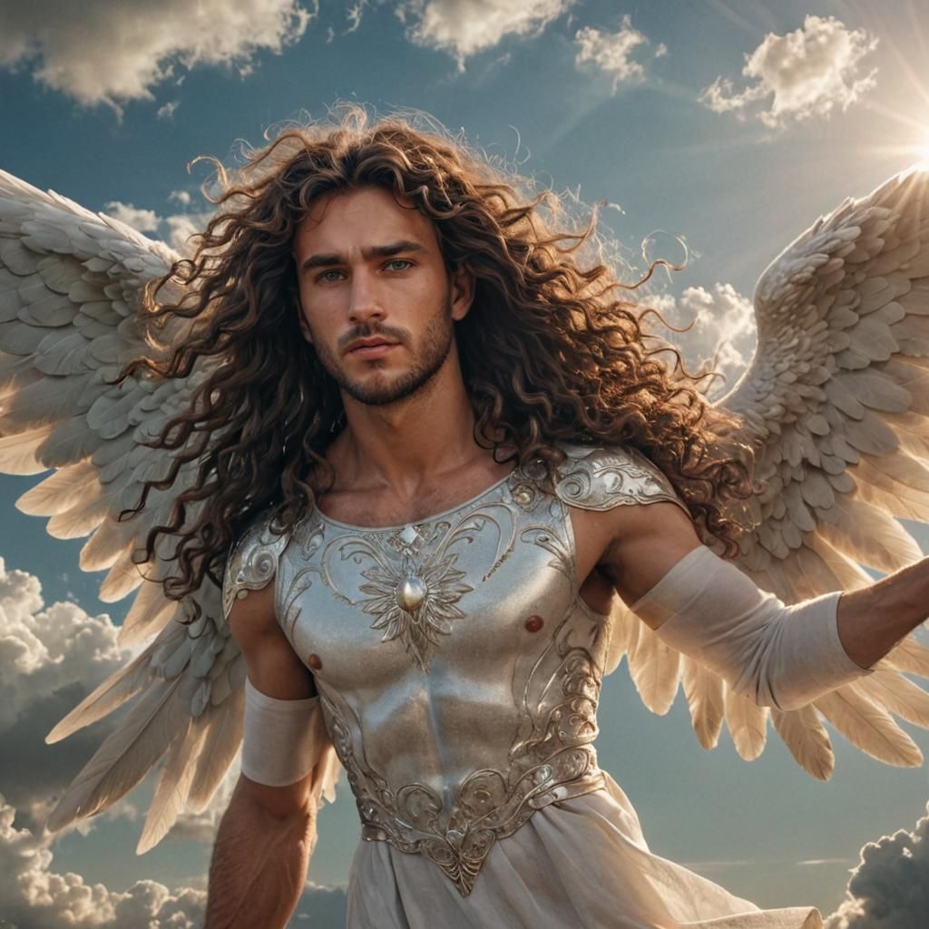 Ethereal Angelic Male Figure in a Radiant Celestial Landscap...