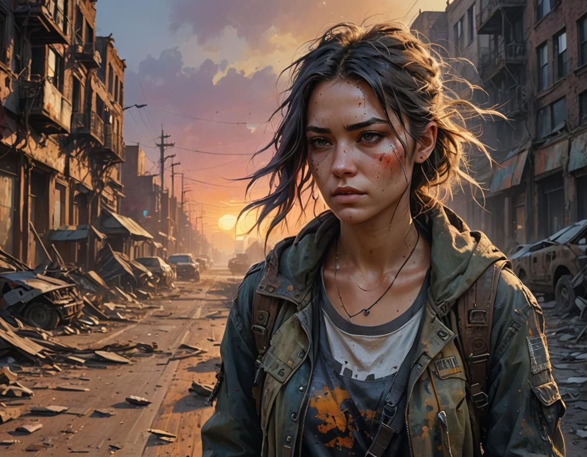 Young Survivor Walks Through Deserted Post-Apocalyptic Citys...