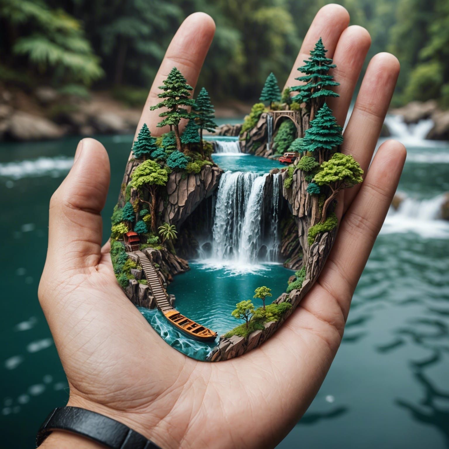 Vast Panoramic Scene with Tiny Lake in Giant Hands