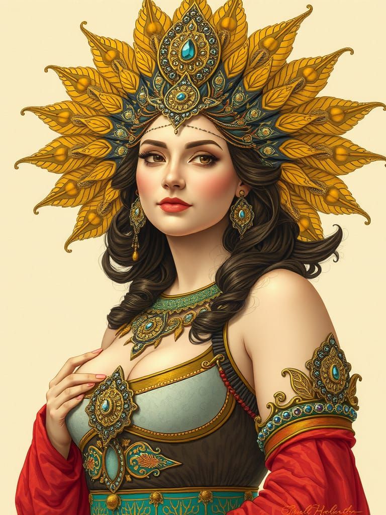 Curvy Goddess in Golden Headdress, Gouache Art