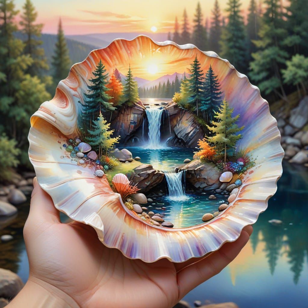 Seashell Miniature Landscape: Vibrant Oil Painting