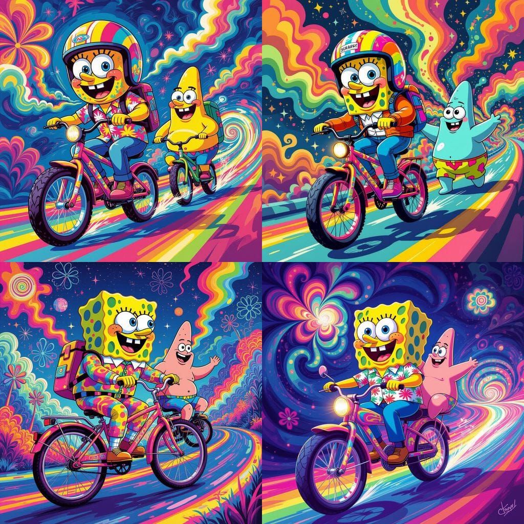 Kaleidoscopic Spongebob and Patrick Bike Ride