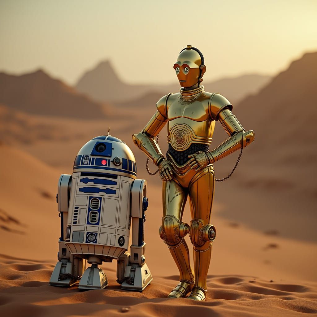 Golden Droids Silhouetted on Alien Desert Horizon