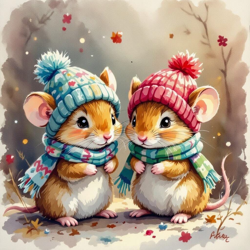 Cute Mice in Knitted Hats Watercolor Illustration