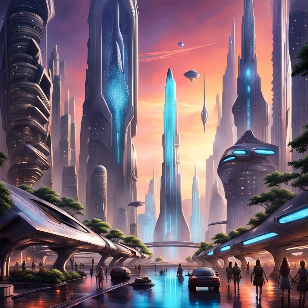 Distant Planet Metropolis in Vibrant, Cyberpunk Style