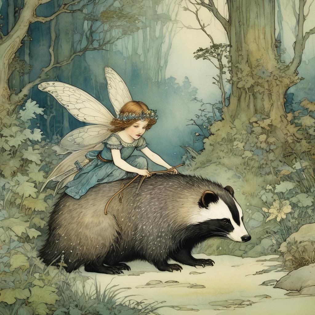 Whimsical Watercolor Fairy Riding Badger