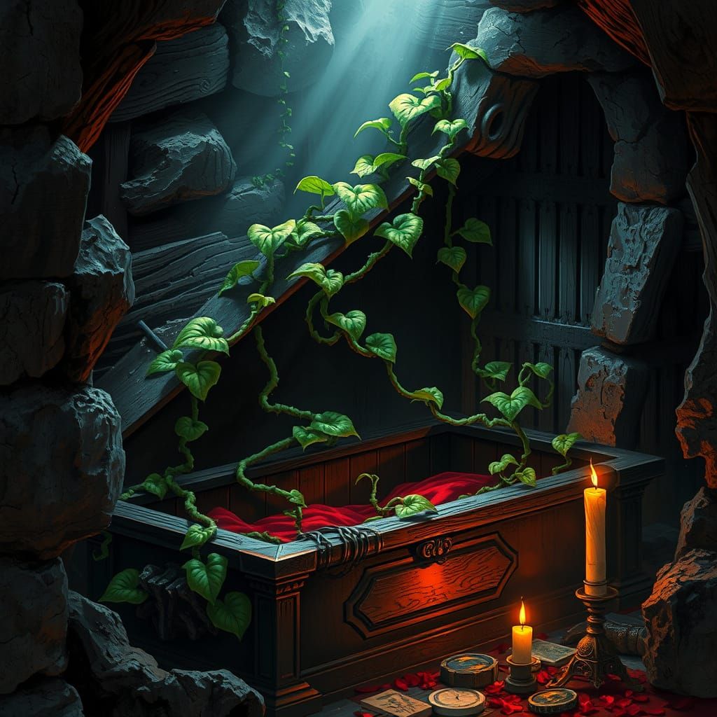 Verdant Vine Emerges from Vampire Coffin in Gothic Horror