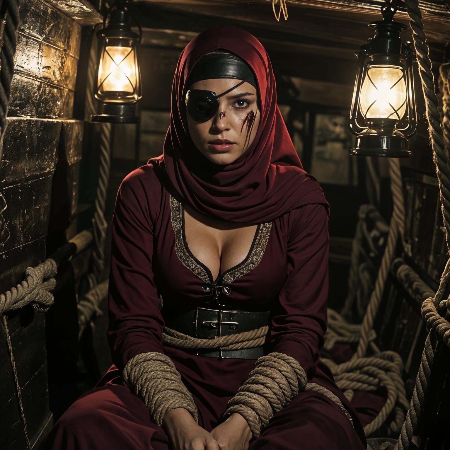 Hijabi Pirate Captive in Moody Cinematic Ship Interior