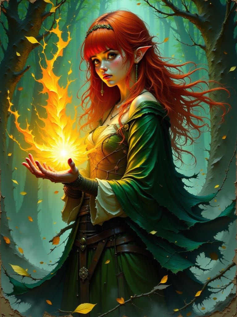 Elf Sorceress Conjuring Fireball in Comic Book Style