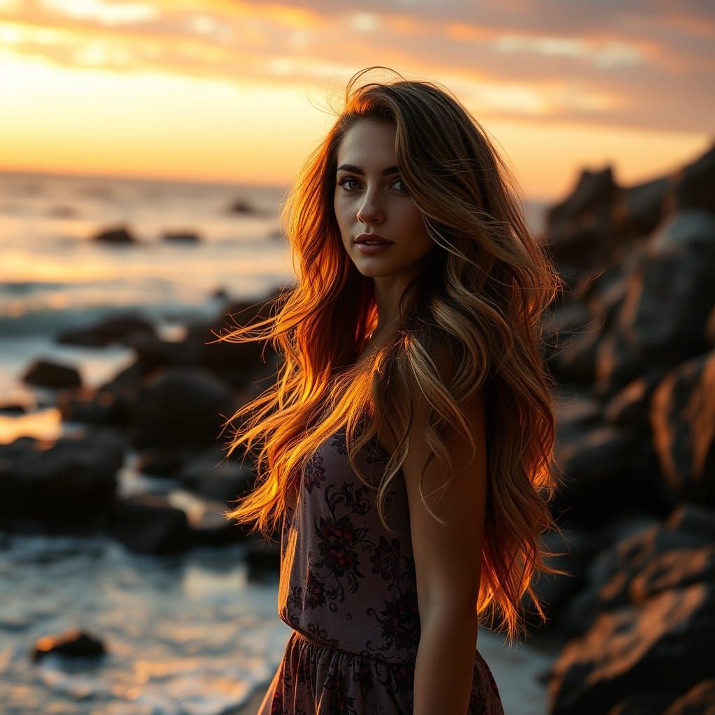 Ethereal Sunset Goddess in Seaside Rocks Landscape