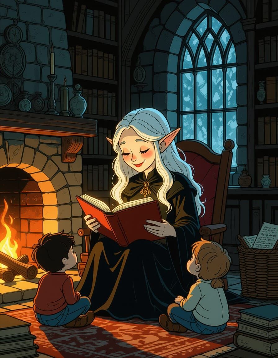 Vampire Girl Reads to Children by Hearth in Dark Fantasy Sty...