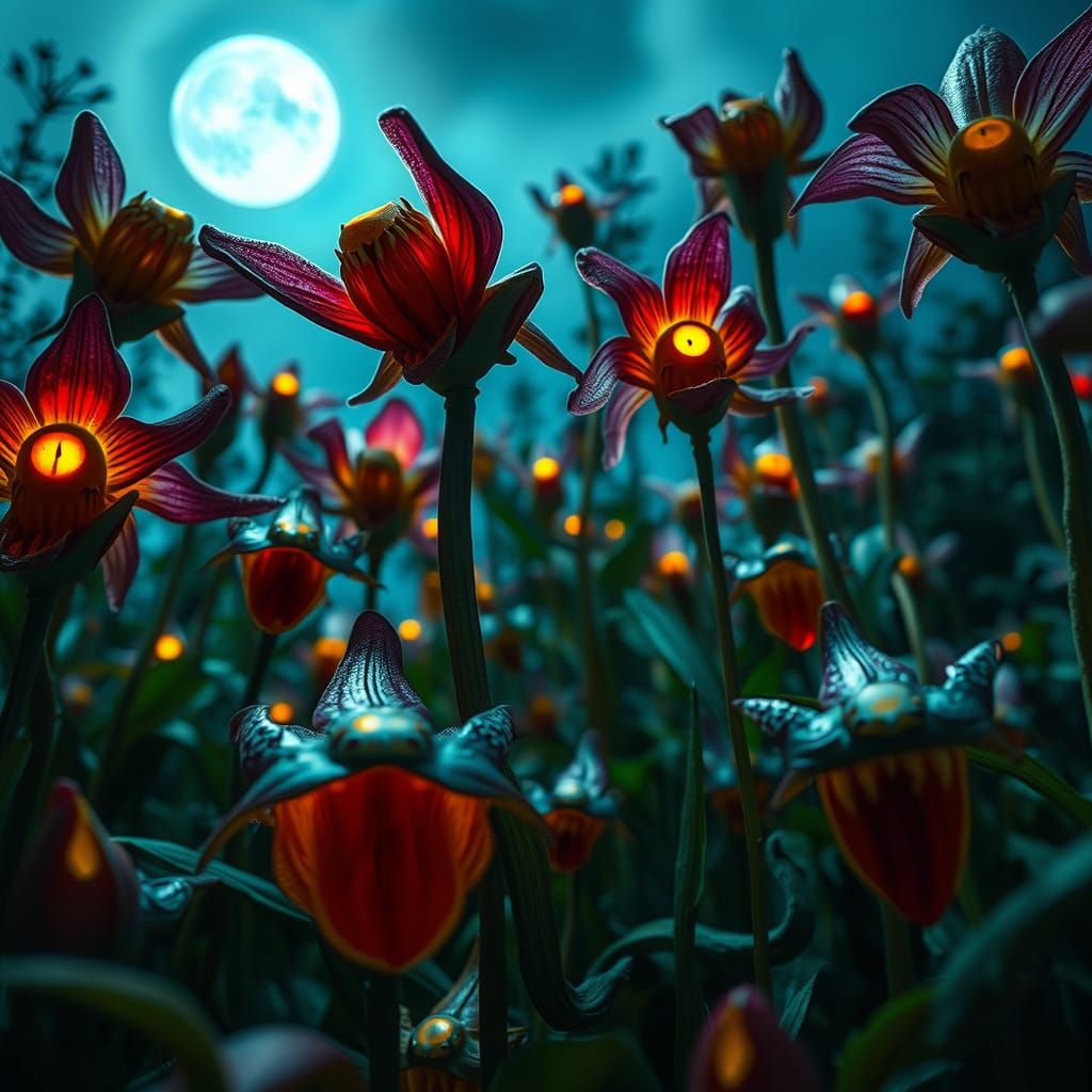 Moonlit Garden of Carnivorous Flowers