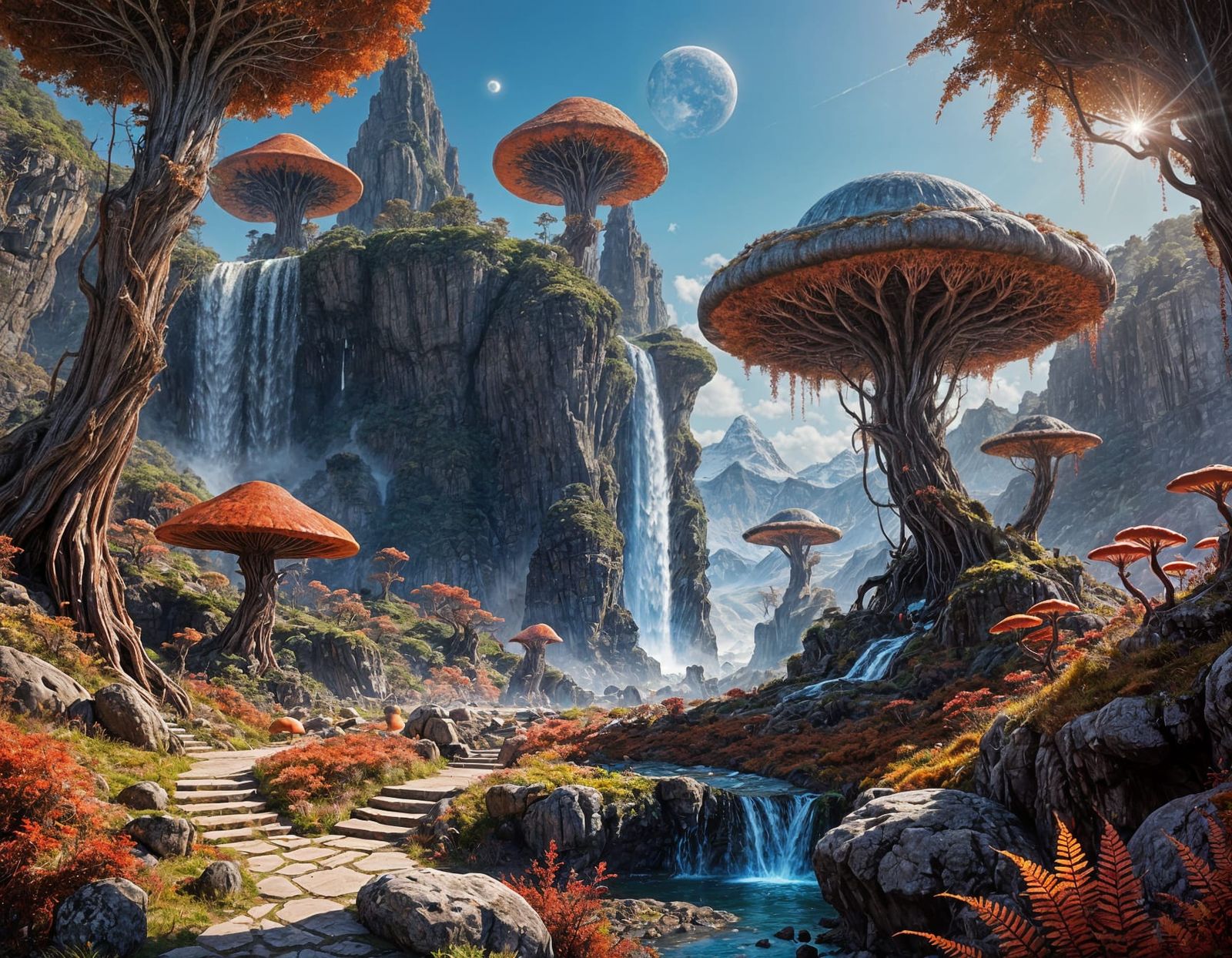 Exotic Alien Planet with Golden Waterfalls
