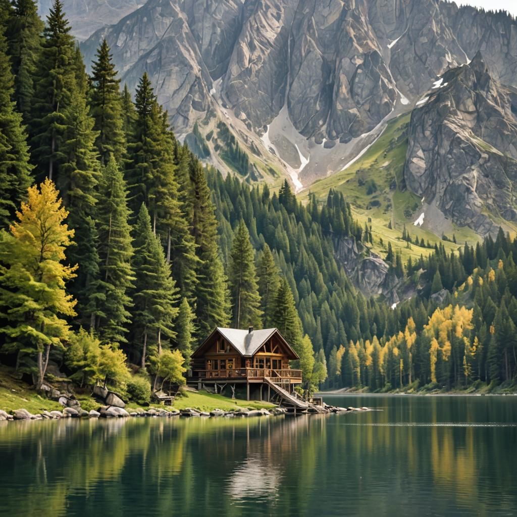 Mountain Cabin Retreat by a Serene Lake in a Peaceful Settin...