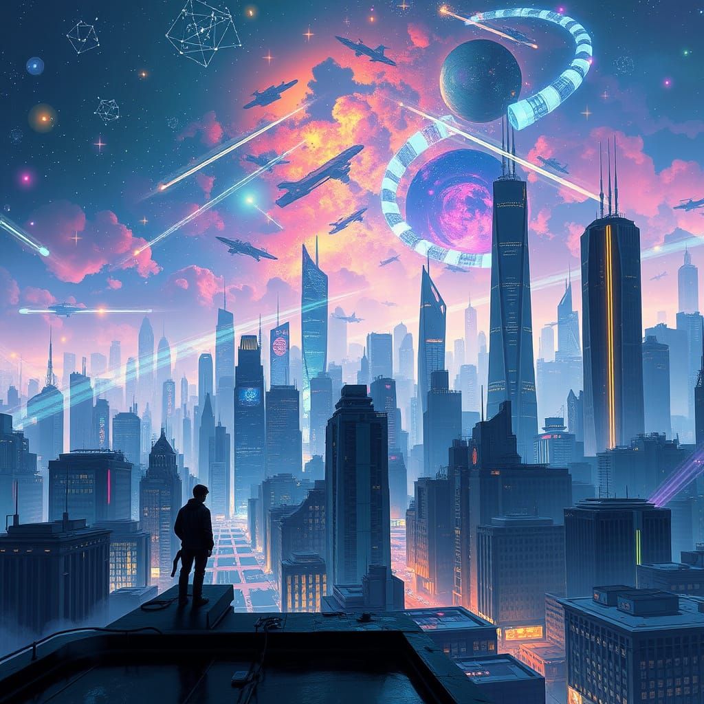 Futuristic Cityscape Bathed in Nebula Glow